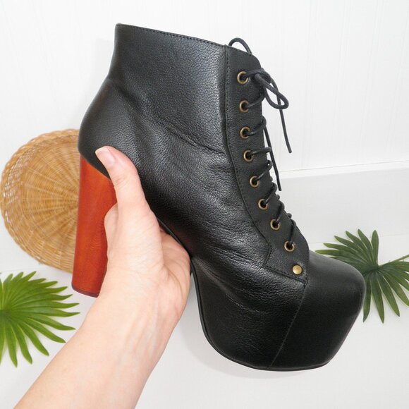 Jeffrey Campbell LITA Platform Heeled Lace-Up Bootie Black Wood Heels 11M Drag - Picture 8 of 15
